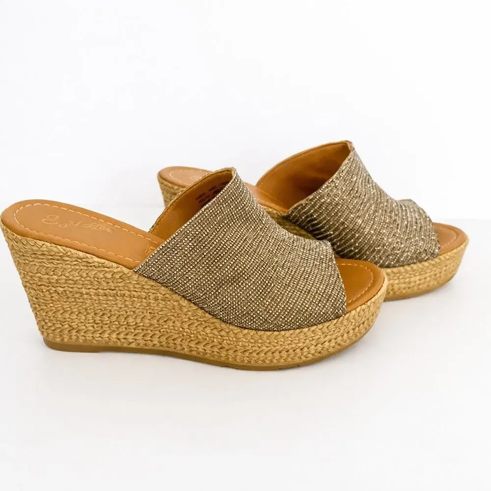 Seychelles Metallic Gold Basketweave Wedge Slide Sandals 9.5 4 Inch Heel y2k